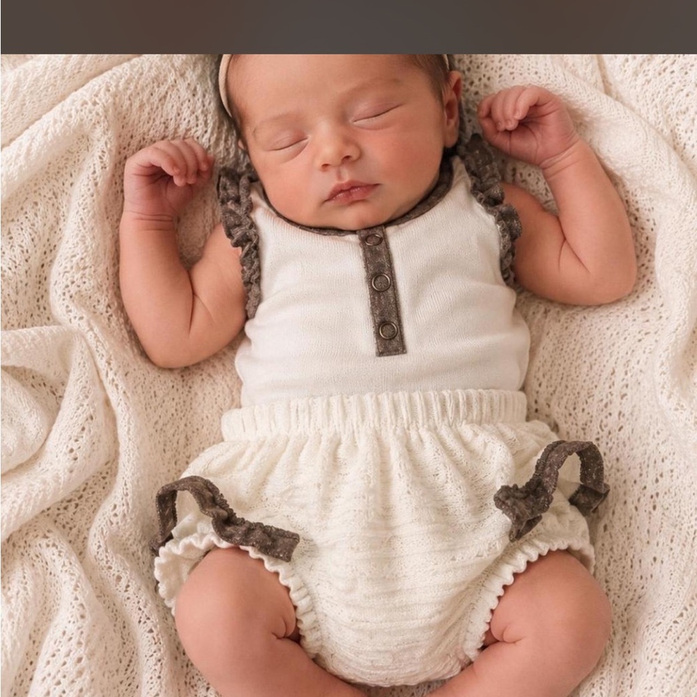 Cream Baby Knit Ruffle Romper with Brown Trim